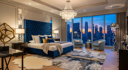 Luxurious bedroom with a large tufted headboard, elegant seating, and a stunning city skyline view through floor-to-ceiling windows.