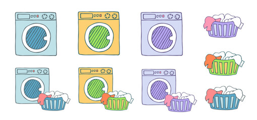 Hand drawn multi-colored washing machine and laundry basket isolated on white background. Cleaning tool, drawing doodle sketch. Vector clipart for laundry or household appliance illustration.