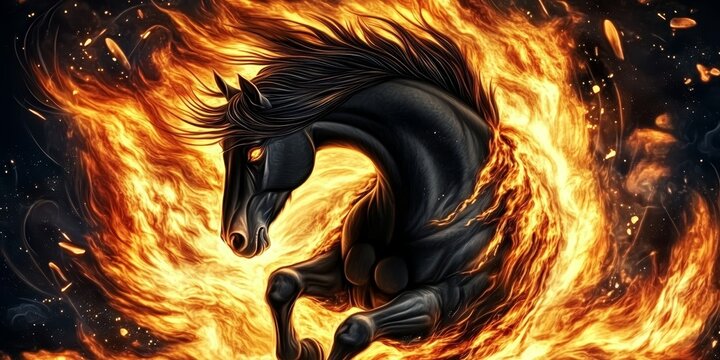 Majestic Dark Horse Rising from Fiery Depths, Embodying Power and Mythical Spirit in a Stormy Scene - Powered by Adobe