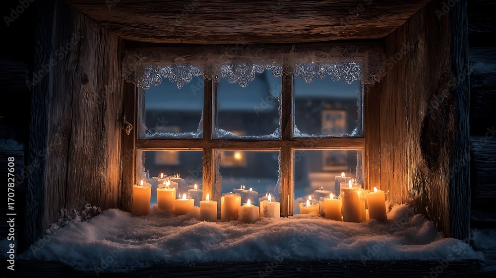 Aufkleber enchanting winter window display with glowing candles and delicate ice crystals, creating a magical 