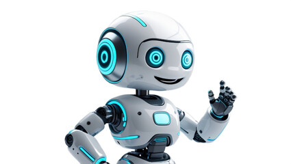 A joyful AI-generated 3D robot character in a playful jump pose with glowing blue facial features &mdash; isolated PNG with transparent background, ideal for chatbot branding or tech interfaces.