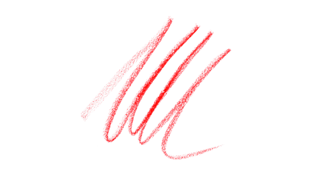 Hand drawn red pencil lines, circles, stripes and squiggly lines on transparent background.