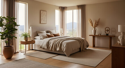 A serene and spacious bedroom with a large bed, natural light, and a calming neutral color palette.