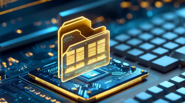 Golden digital folder icon on computer microchip with glowing circuits representing futuristic data storage and advanced technology concept