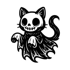 Cat Skeleton in Bat Suit. Funny Halloween Vector Icon. Gothic Mascot.