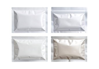 Four small silver foil packets isolated on transparent background