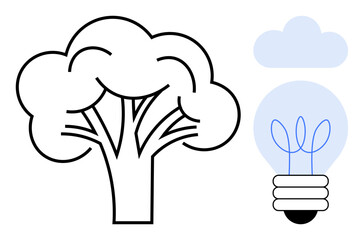 Minimalist tree, light bulb with leaves, and cloud combine to represent environmental conservation and creativity. Ideal for sustainability, innovation, eco-awareness, nature, clean energy, green