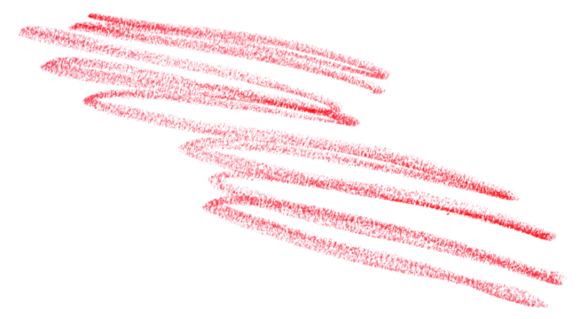 Hand drawn red pencil lines, circles, stripes and squiggly lines on transparent background.