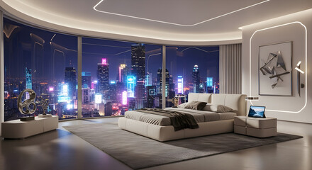 Luxurious modern bedroom with a panoramic view of a vibrant city skyline at night.