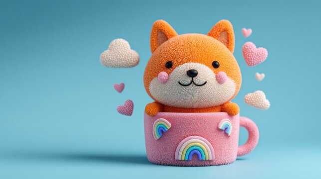 Cute orange fox in a pink cup with rainbows and hearts
