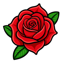 Vintage Red Rose with Green Leaves Vector Illustration