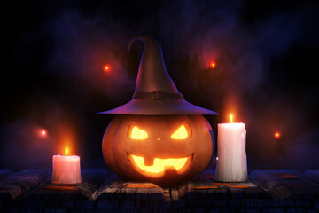Jack-o'-lantern. Holiday banner. Halloween lantern with yellow autumn leaves. Halloween concept. Pumpkin with a carved scary face in the smoke. 3D rendering.