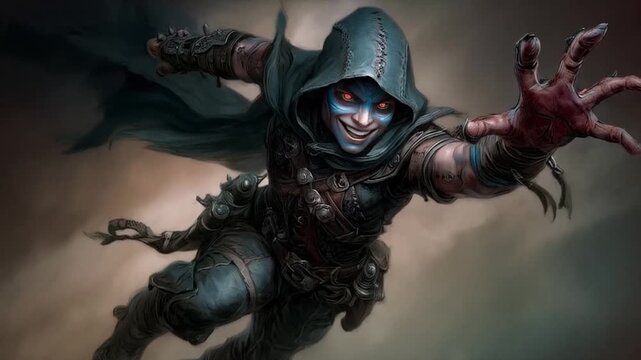 Creepy sorcerer with glowing eyes levitating in the darkness fantasy illustration for video game