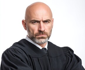 A serious, intense male figure in a black robe, with arms crossed, presents a stern, authoritative expression.