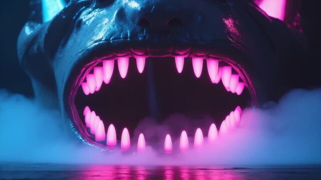 Neon-lit monstrous maw, glowing pink fangs, blue smoke