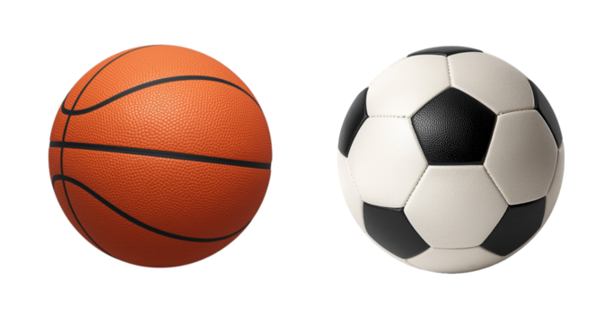 Basketball and football / soccer ball isolated on a transparent PNG / white background. Sports equipment. An element for a project, business, presentation, banner, etc.