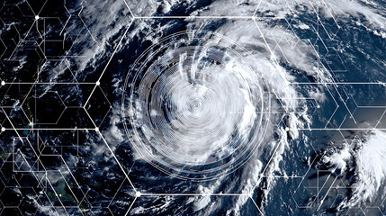 Satellite view of a tropical cyclone with overlaid geometric grid and radar-like concentric circles