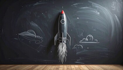 Pixel Art Rocket Launching on Chalkboard with Wooden Desk Foreground and Stylized White Clouds Illustration