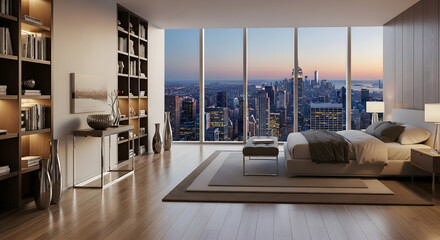 Luxurious bedroom with a panoramic view of a city skyline at dusk, featuring a large bed, bookshelves, and modern decor.