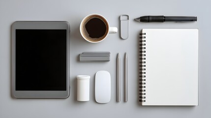 Organized flat lay of office tools including a tablet, notebook, co...