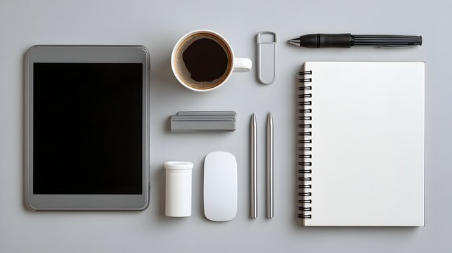 Organized flat lay of office tools including a tablet, notebook, co...