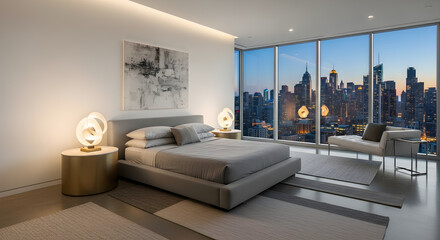 Luxurious modern bedroom with a stunning city skyline view at dusk, featuring a king-size bed, elegant lamps, and a comfortable seating area.