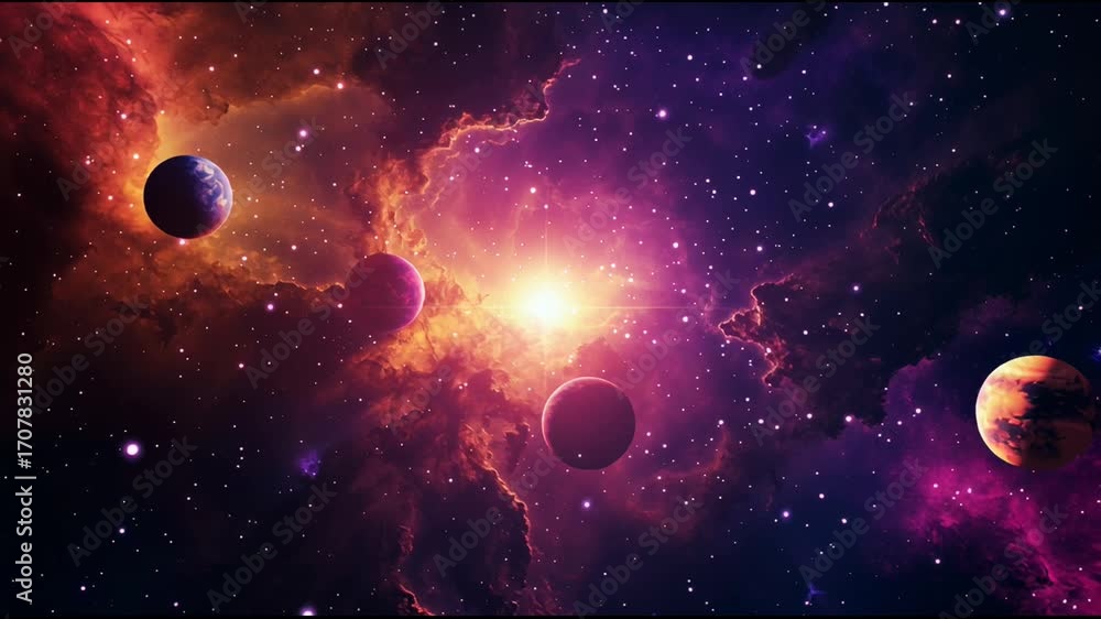 Poster colorful nebula surrounding bright stellar cluster with planets orbiting dynamically, showcasing cos