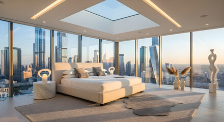 Luxurious modern bedroom with a panoramic view of a city skyline through floor-to-ceiling windows and a skylight.