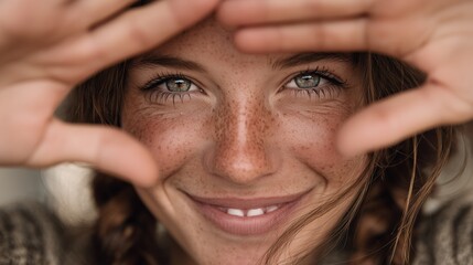 Portrait of a smiling young woman with freckles making a heart shape with her hands