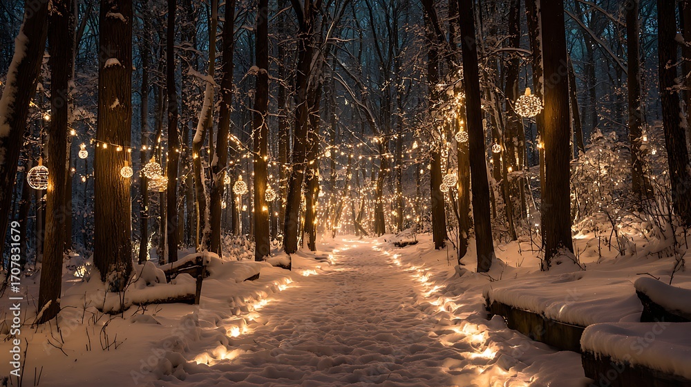 Poster mystical winter forest path illuminated by warm lights, creating a magical and enchanting atmosphere
