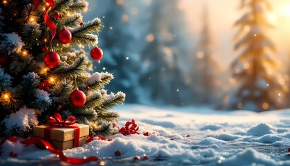 Christmas tree with red ornaments and gift in snowy forest