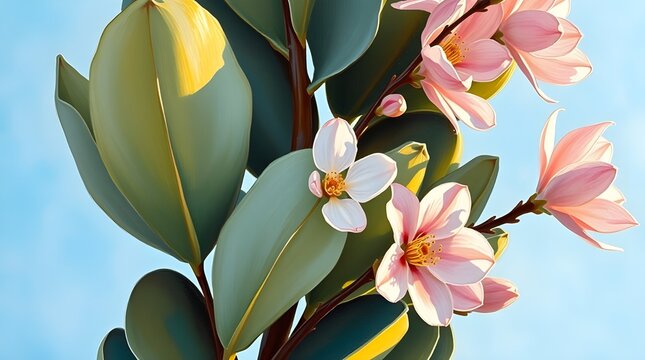 A close-up view of vibrant pink blossoms with lush green leaves. The background is a clear blue sky, enhancing the vividness of the flowers.