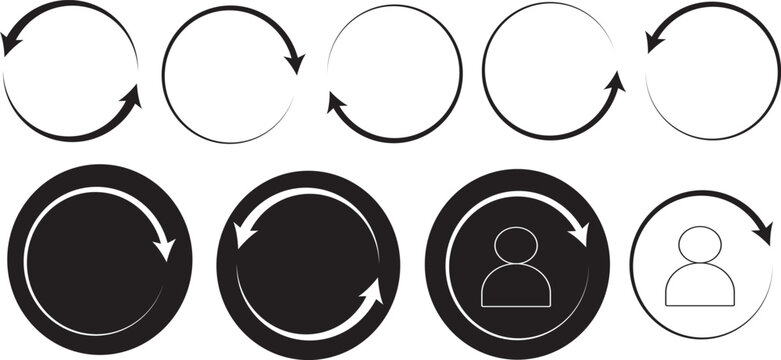 Circle Arrow icon set vector illustration, refresh, reload, Set of circle arrows rotating, different circular arrows of black color isolated, recycle sign, Arrow clock wise rotating symbol, arrow sign