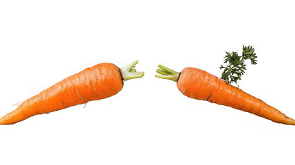 Two carrots facing each other on a black background with one carrot having green leaves on top