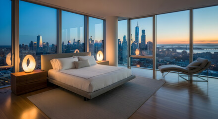Luxurious bedroom with panoramic city skyline views at dusk, featuring a modern bed and chaise lounge.