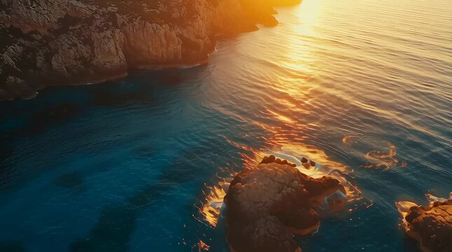 Cinematic aerial view of a rocky coastline at golden sunset with turquoise water. Scenic travel destination footage animation.