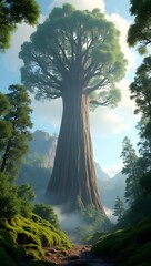 A towering sequoia tree stands amidst a lush forest, reaching towards a bright blue sky. Sunlight filters through the leaves, creating a serene and awe-inspiring atmosphere.