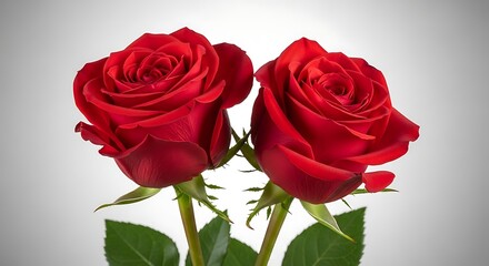 Fototapeta premium Two beautiful red roses with green leaves, symbolizing love and passion, isolated on a soft gradient background