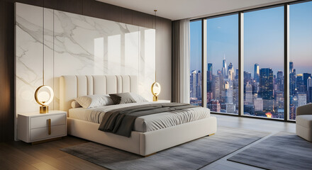 Luxurious bedroom with a city skyline view through floor-to-ceiling windows.