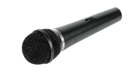 Black microphone isolated on white background for audio recording.