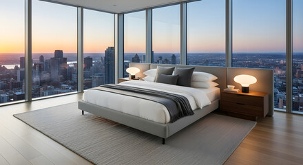 Luxurious bedroom with a panoramic view of a city skyline at sunset, featuring a king-size bed and modern decor.