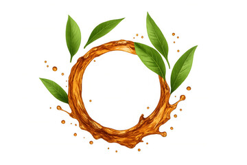 Orange juice splashing, forming circular frame with scattered green tea leaves on transparent background, highlighting refreshing beverage design concept
