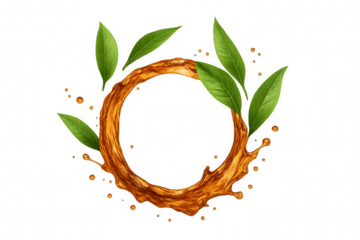 Orange juice splashing, forming circular frame with scattered green tea leaves on transparent background, highlighting refreshing beverage design concept