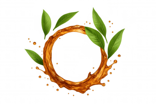 Orange juice splashing, forming circular frame with scattered green tea leaves on transparent background, highlighting refreshing beverage design concept