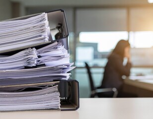 Overwhelmed office worker; stacks of paperwork in foreground.