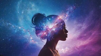 A woman's profile blends seamlessly with a vibrant galaxy, symbolizing cosmic imagination and universal consciousness. Ethereal colors and starry textures evoke awe and introspection.