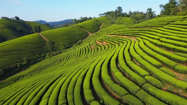 Vast Green Tea Plantation on Rolling Hills