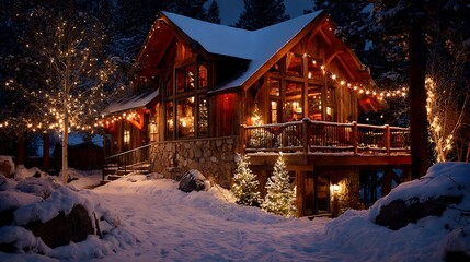 Charming cabin glows with warm light and holiday cheer amidst a snowy winter wonderland at nighttime