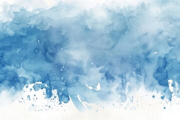 An abstract watercolor painting in shades of blue, featuring a blend of light and dark hues, creating a cloudy or textured effect with splatters along the bottom edge