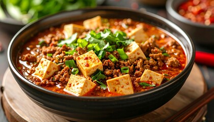 Spicy tofu and ground meat dish in a bowl